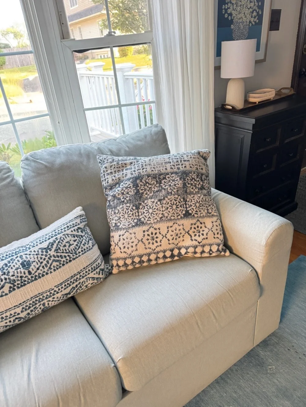 Blue and White Patterned Decorative Pillow